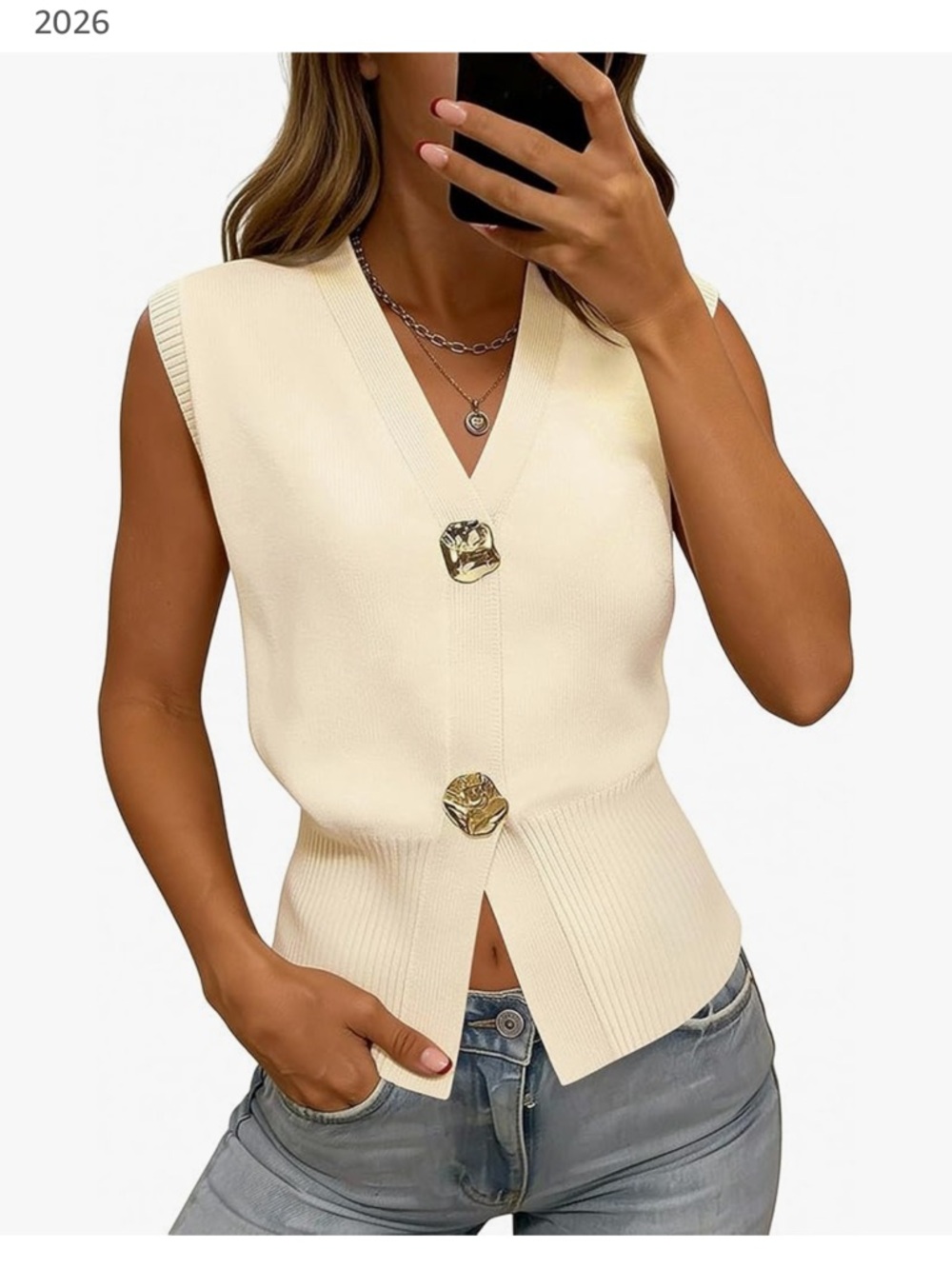 V-Neck Cream Sleeveless Knit Sweater  Vest with Gold Button Detail